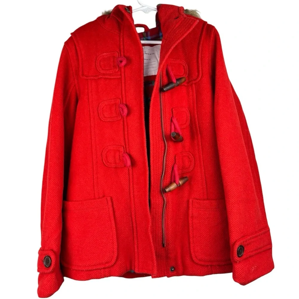 GAP Kids Red With Plaid Medium Wool Blend Toggle Coat
